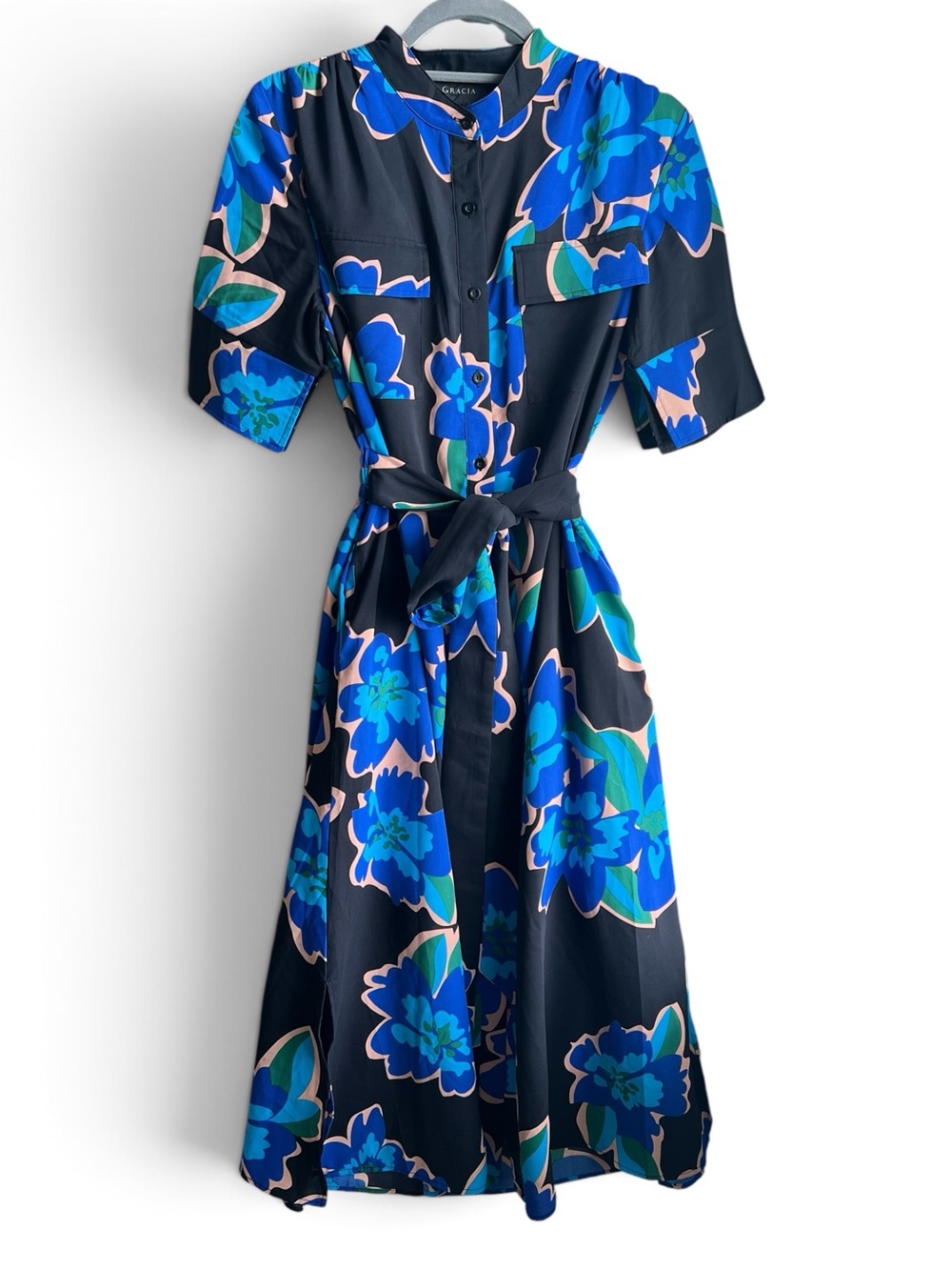 Gracia Black and Blue Floral Tie-Waist Midi Dress, Size M